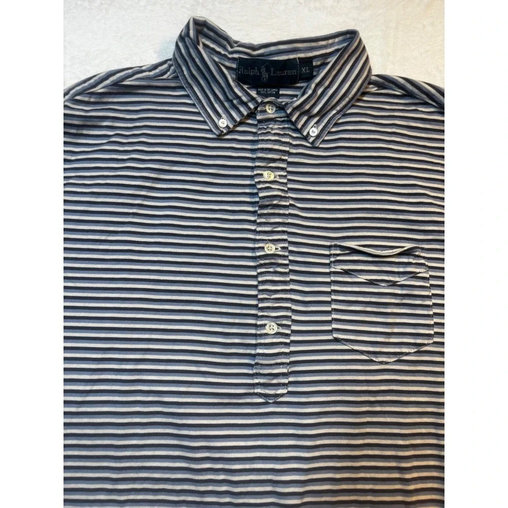 Vintage Ralph Lauren Polo Mens XL Striped Pocket Blue‎ White Button Short Sleeve